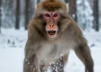 M1301022_Heartbreaking Monkey Rushes to Comfort Pregnant Dog on Snowy Road Description Witness the most touching moment of inte_